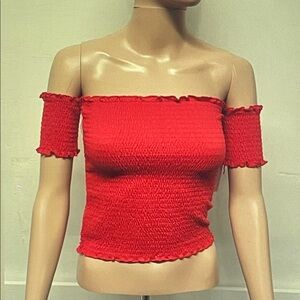 Crave Fame Bright Red Off-Shoulder Smocked Crop Top